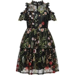 Etiquette Floral Embroidered Dress Womens Small Black Excellent Tiered Mesh